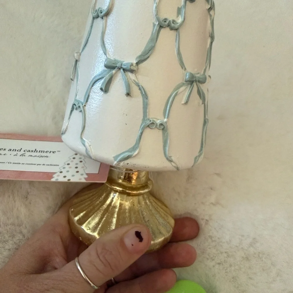 Cupcakes and cashmere Christmas Tree w blue bows across white cone & gold base
